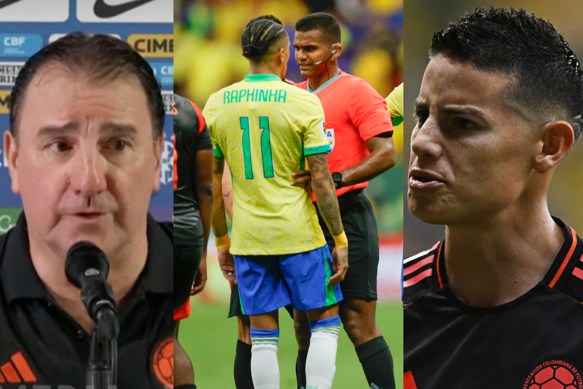 James Rodríguez y Néstor Lorenzo contra el árbitro del Brasil 2-1 Colombia de Eliminatorias al Mundial 2026