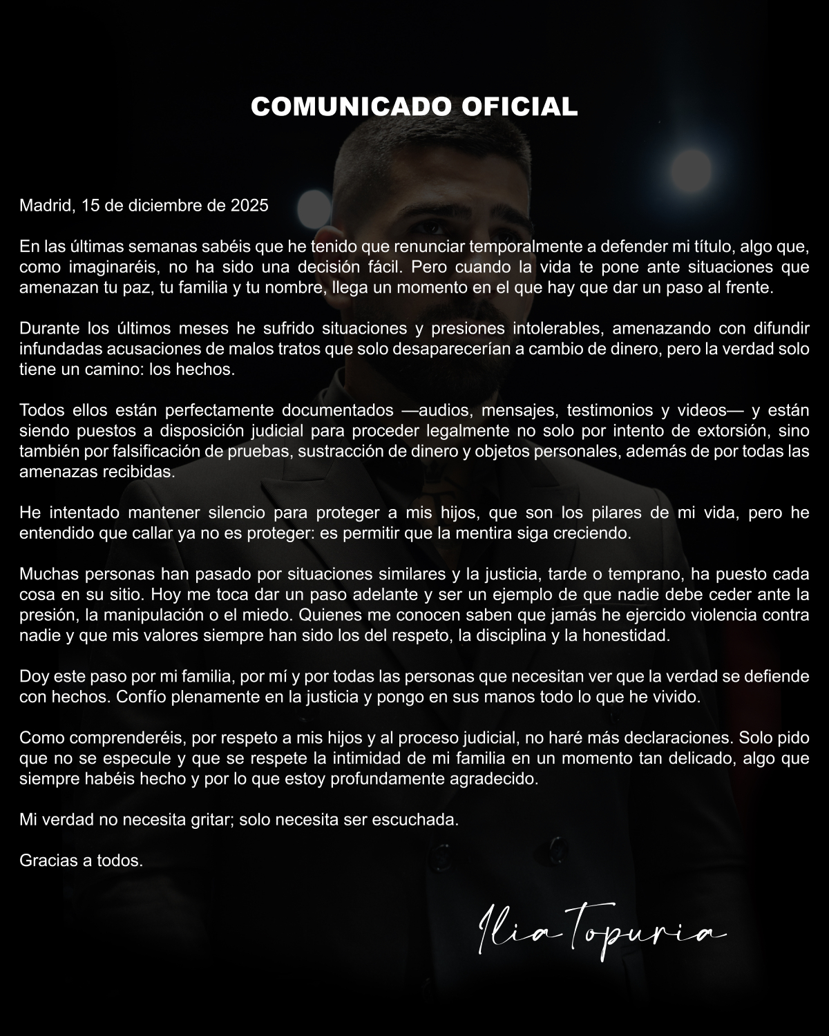 El comunicado de Ilia Topuria.