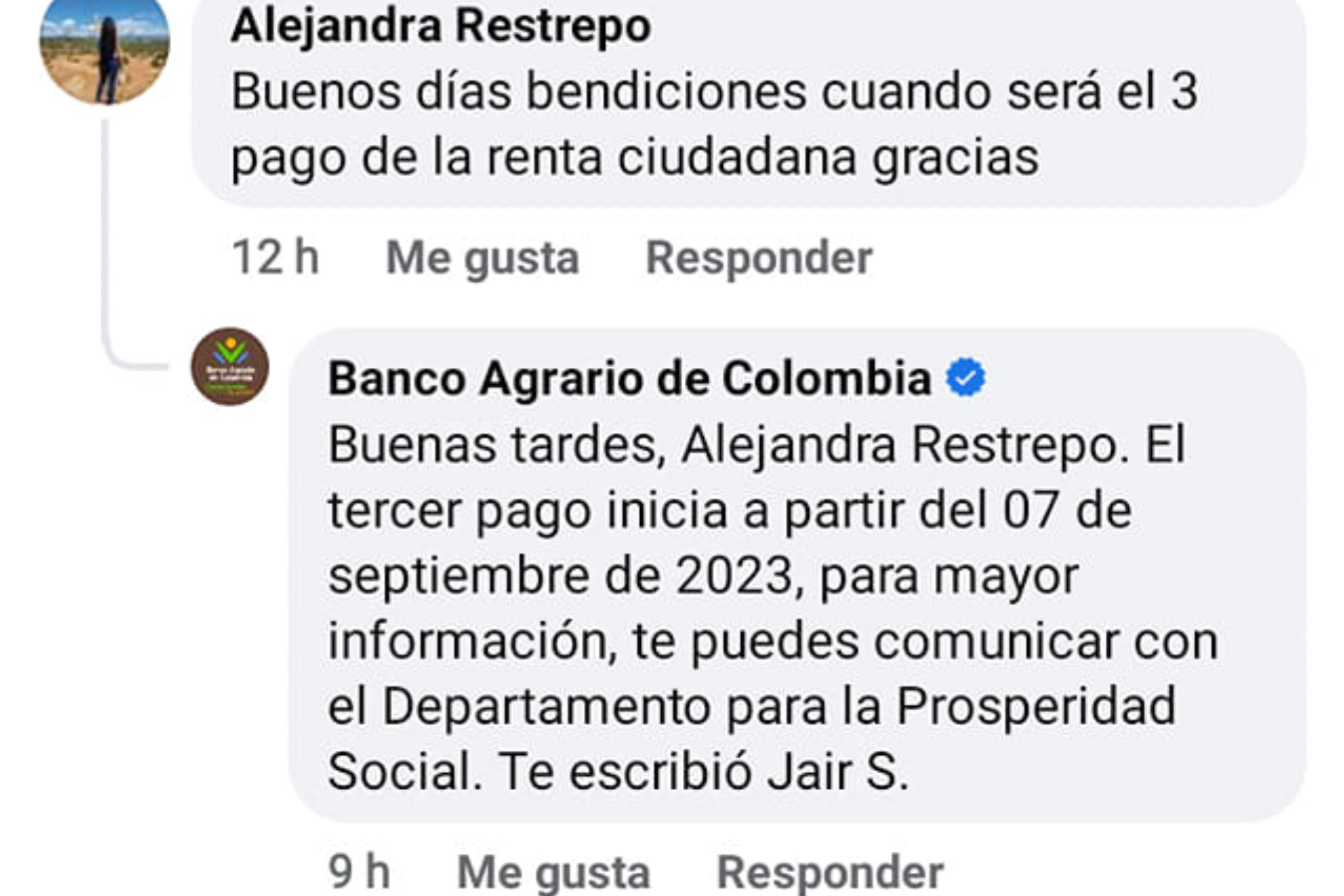 Respuesta sobre tercer ciclo de Renta Ciudadana