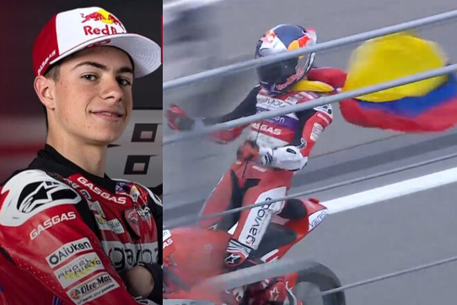 Celebración de David Alonso por impresionante triunfo en la última curva del colombiano en Moto3