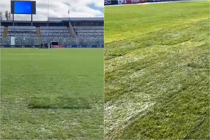 El césped estadio Monumental de Santiago luce varios parches a un día del juego entre Chile y Colombia.