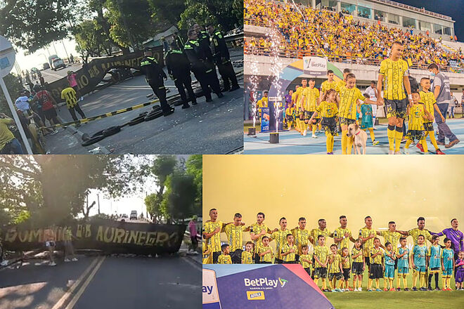 Hinchas de Alianza Petrolera protestan por salida del club de Barrancabermeja ('X': Blu Santander - Instagram: Alianza Petrolera)