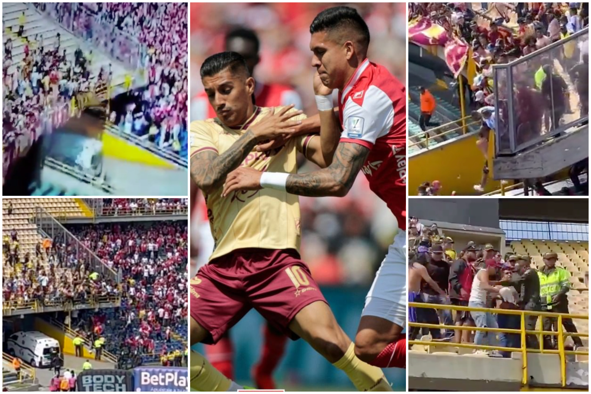 Disturbios en Santa Fe vs. Tolima por robo de bandera y violenta reacción ('X': Santiago Alarcón, Dilhan Almonacid, Mauricio Vanegas - TikTok: Juliana Alba)