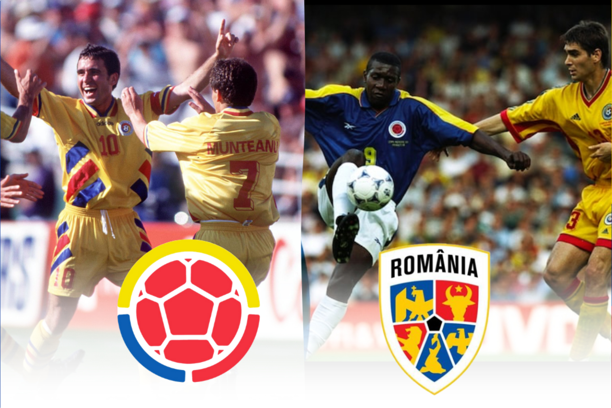 Antecedentes del partico Colombia Rumania en Mundiales 1994 y 1998 ('X': FIFA - FIFA +, FCF - FRF)