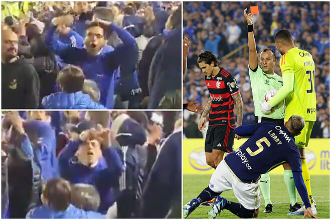 Hincha de Millonarios hace gestos racistas a hinchas del Flamengo en Bogotá ('X' - EFE)
