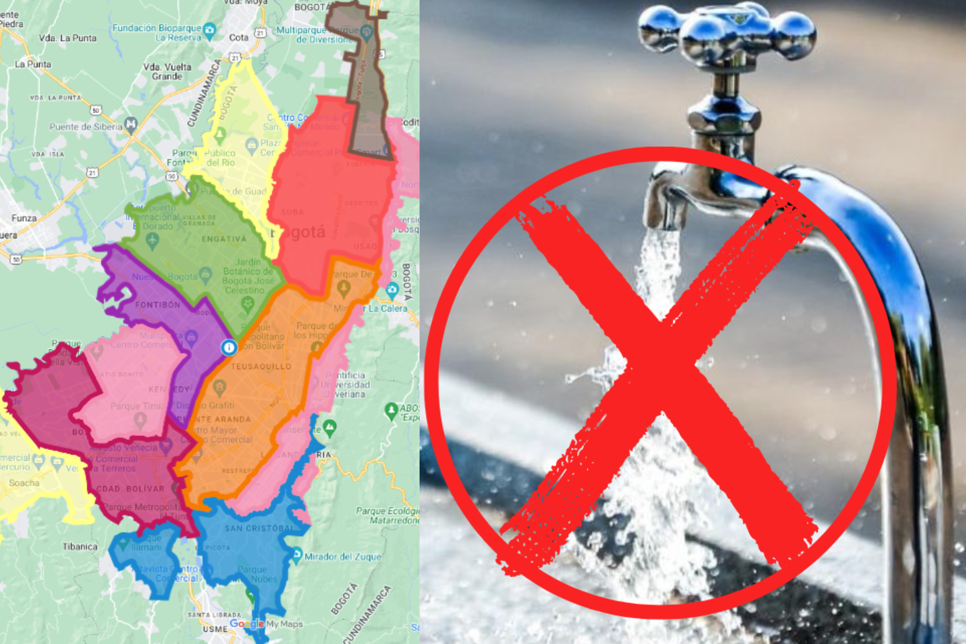 Tercer ciclo de Cortes y racionamiento de agua en Bogotá en 2024 (Google Maps - Alcaldía de Bogotá)
