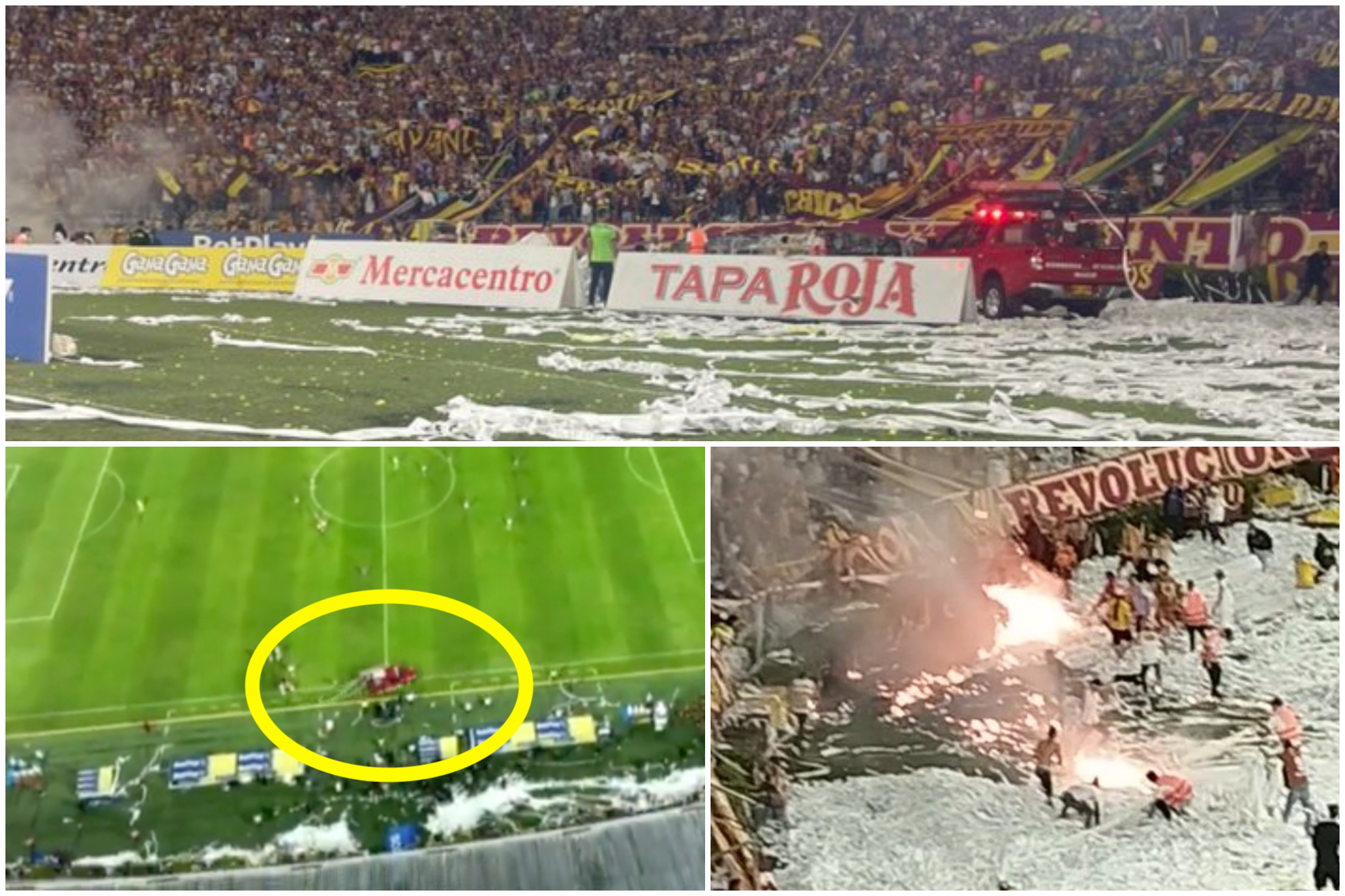 Incendio en el Manuel Murillo Toro durante Tolima vs. Santa Fe ('X': @DrmSmither, PeriodistaUnido - Win Sports)