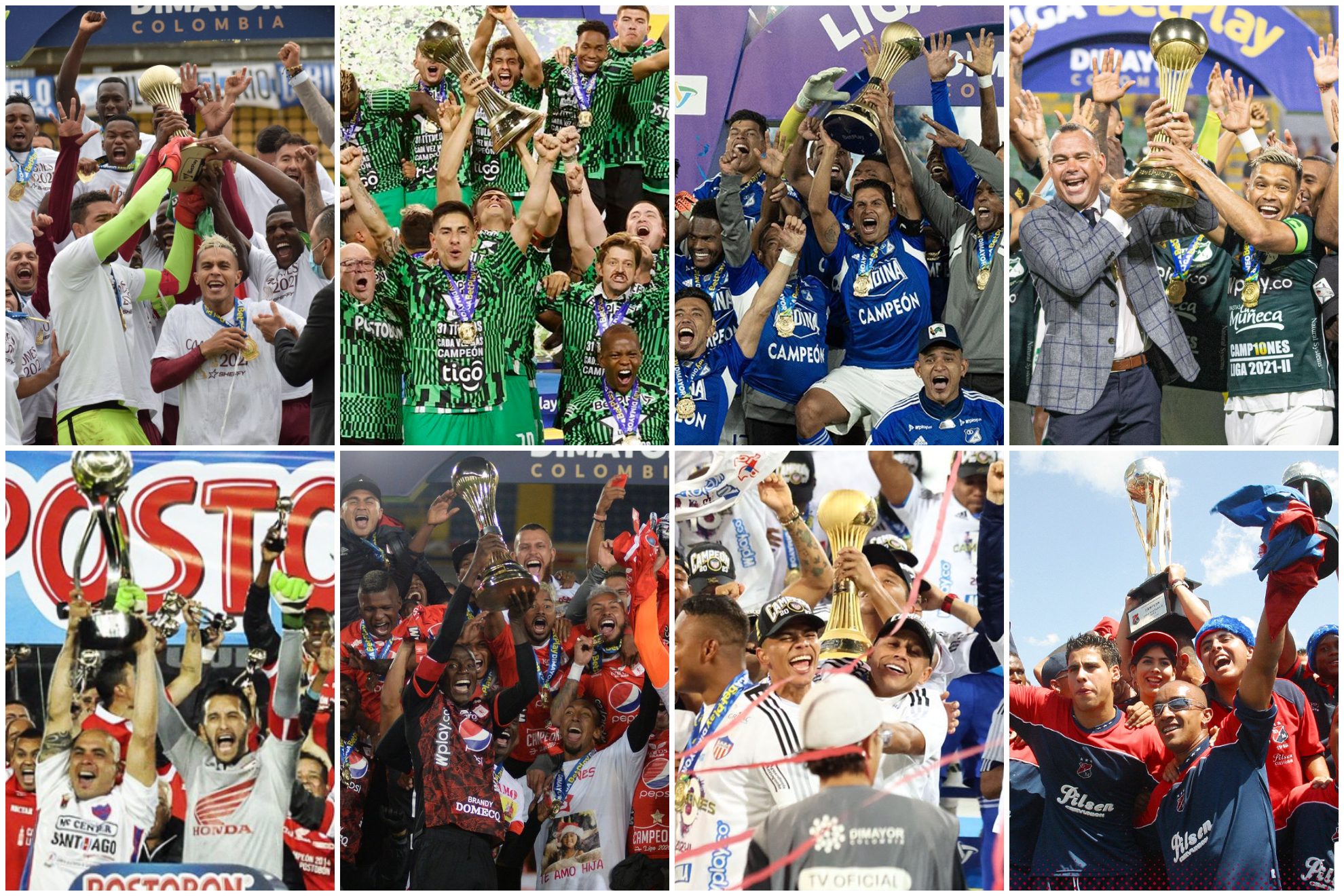 Historial de campeones del fútbol colombiano en la historia ('X': Tolima, Nacional, Millonarios, Cali, Santa Fe, América, Junior, Medellín)