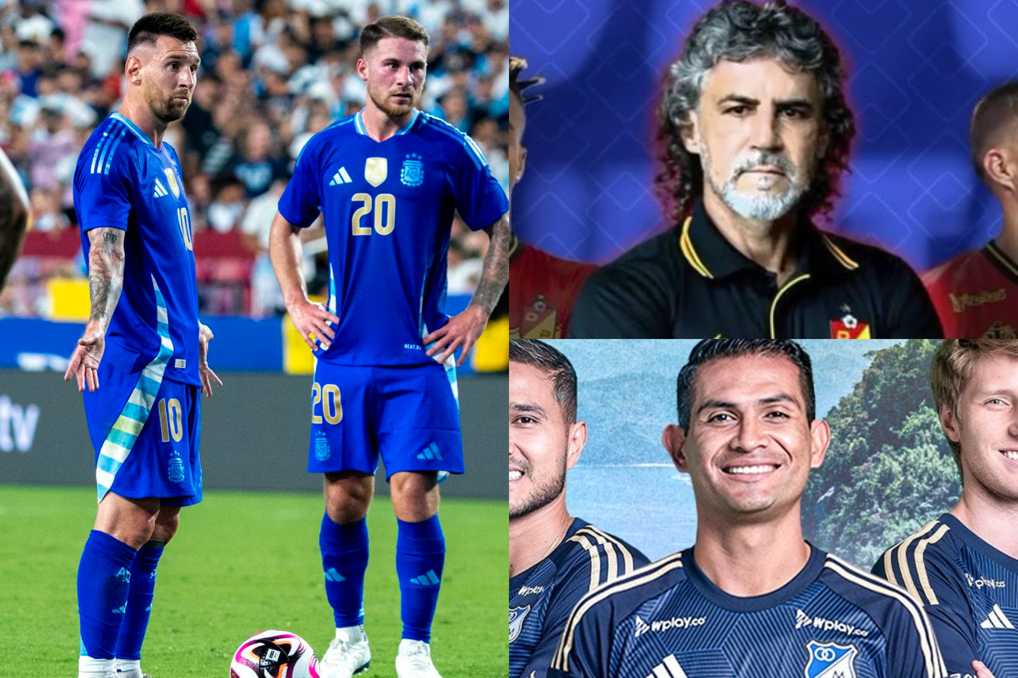 Confusión de narradores colombianos con Lionel Messi y Alexis Mac Allister (EFE - Instagram: Deportivo Pereira, Millonarios)