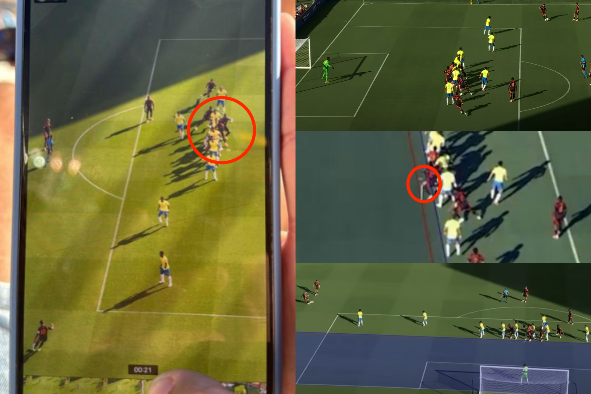 Imágenes del fuera de lugar de Davinson Sánchez en Colombia vs. Brasil ('X': VAR Central - YouTube: Conmebol, DSports)