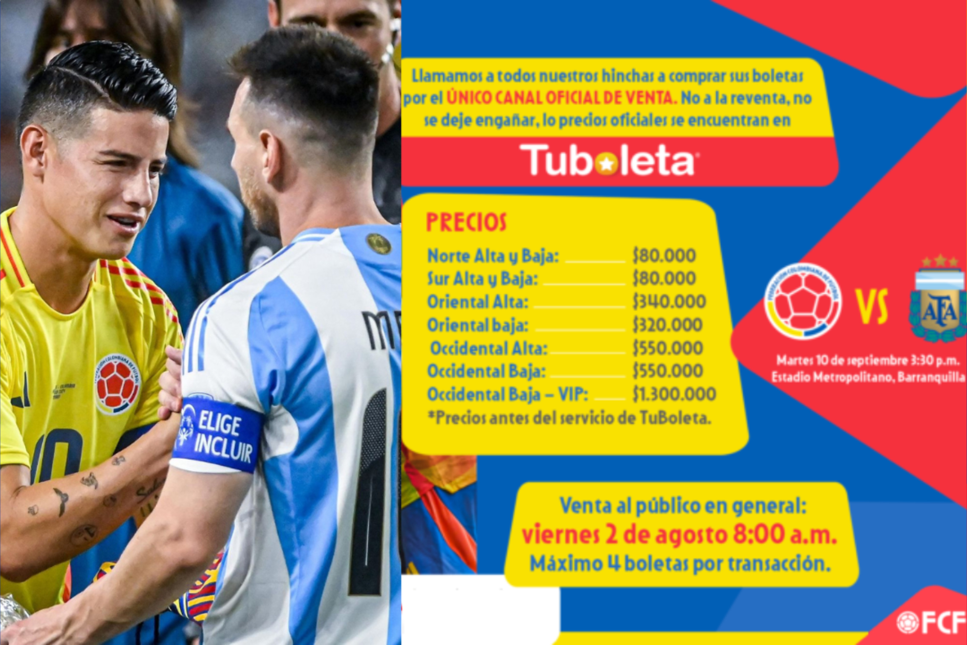 Venta de boletas vuelve para el partido Colombia vs. Argentina de Eliminatorias 2026 (Instagram: Copa América - FCF)