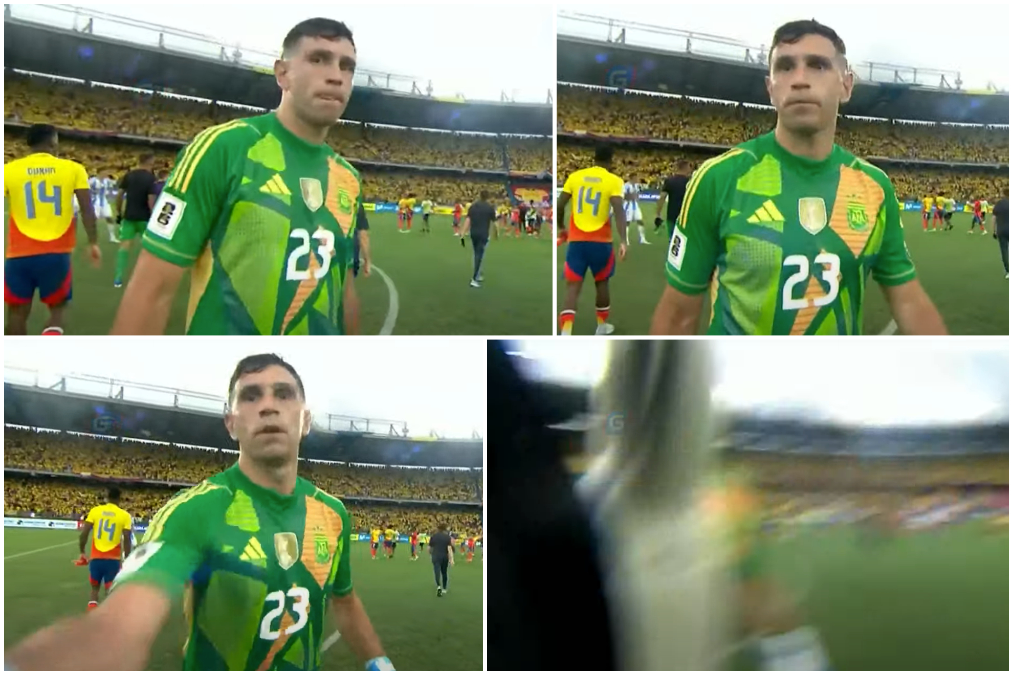 'Dibu' Martínez manotea cámara de televisión después de Colombia vs. Argentina
