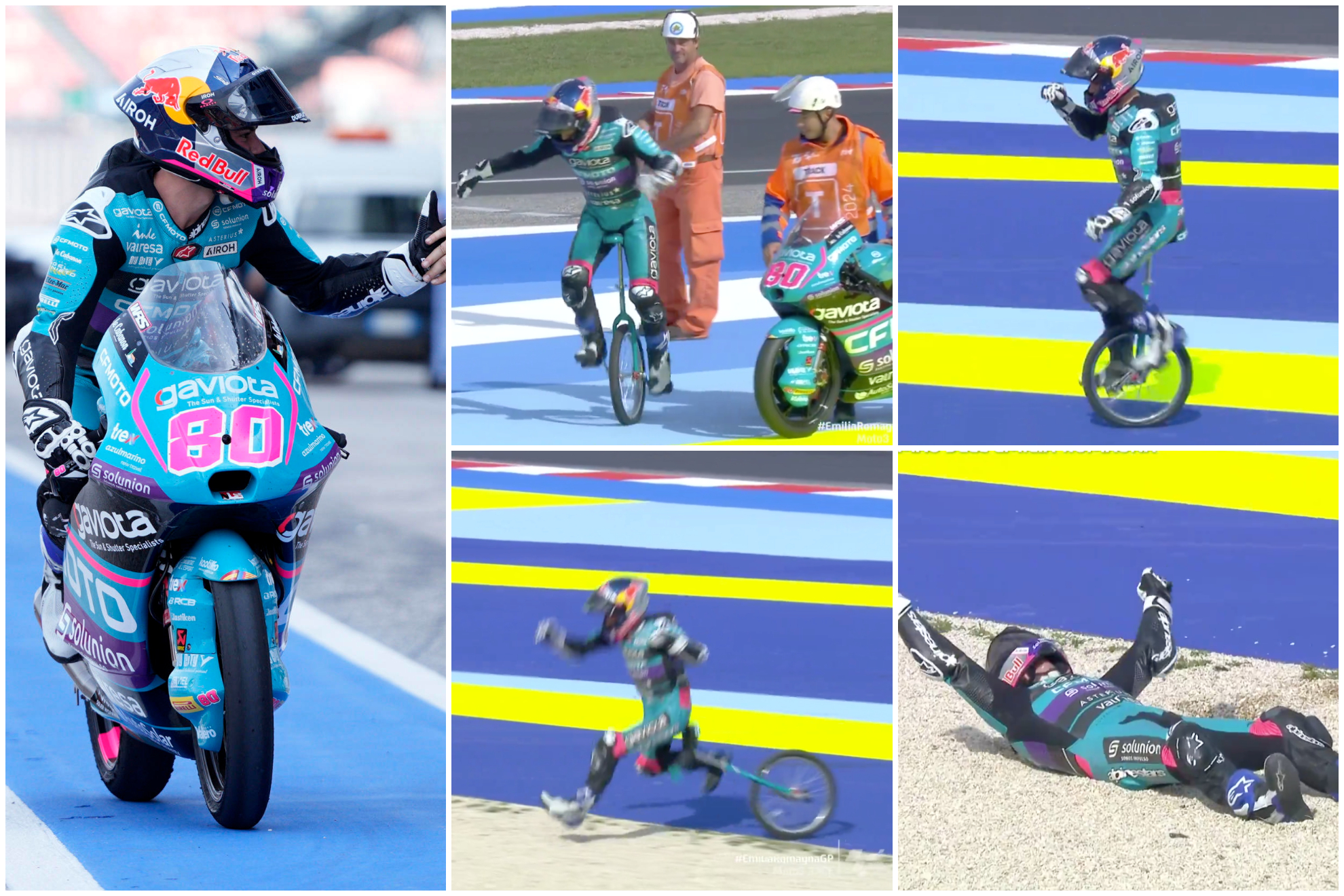 David Alonso ganó en Emilia-Romaña en Moto3 2024 y celebró en monociclo
