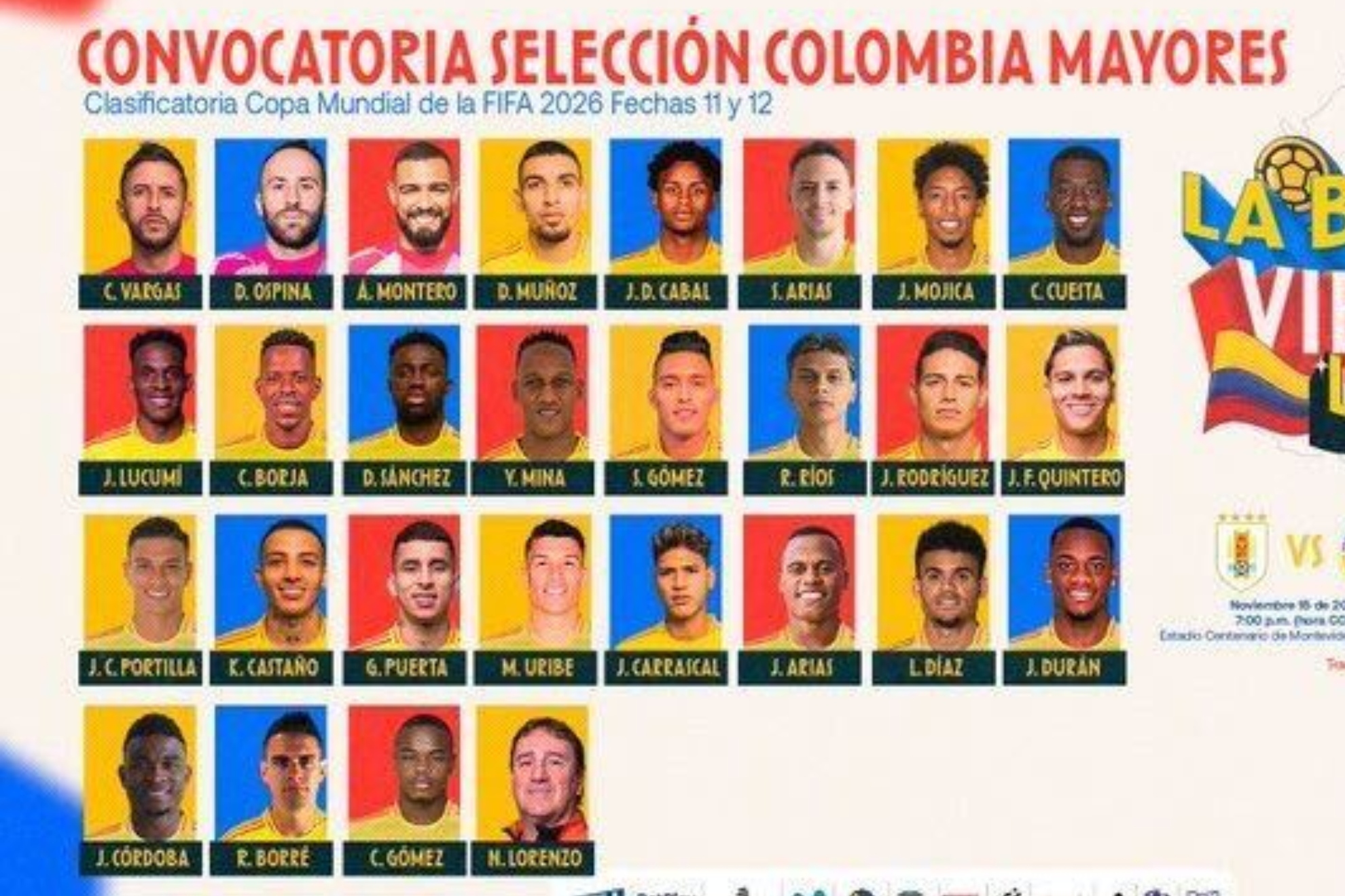 Lista de 26 jugadores en la convocatoria de Colombia contra Uruguay y Ecuador de Eliminatorias.