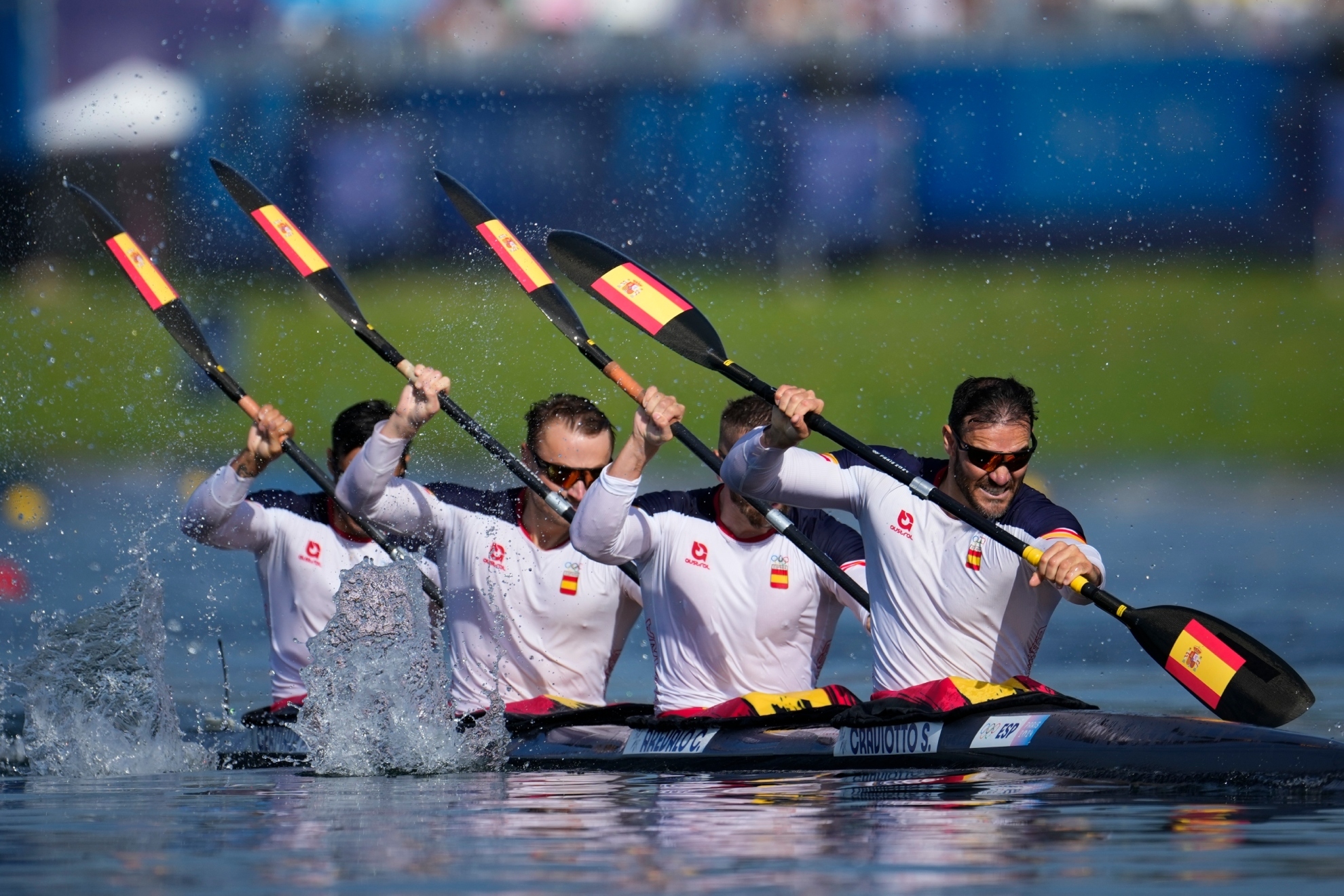 Saul Craviotto, Carlos Arevalo, Marcus Cooper y Rodrigo Germade en su serie del K4 500 en los Juegos de París.