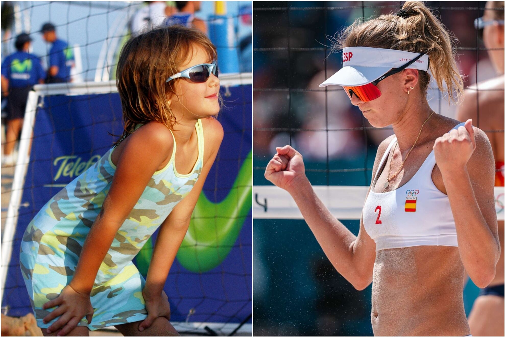 A la izquierda Tania Moreno siendo una niña en un torneo de su madre, a la derecha el día que consiguió junto a Daniela Álvarez el pase a cuartos de final en París 2024