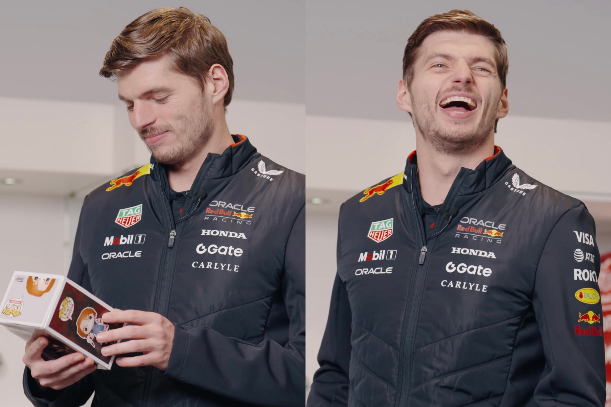 Max Verstappen mira el Funko de Chucky y se parte de risa.