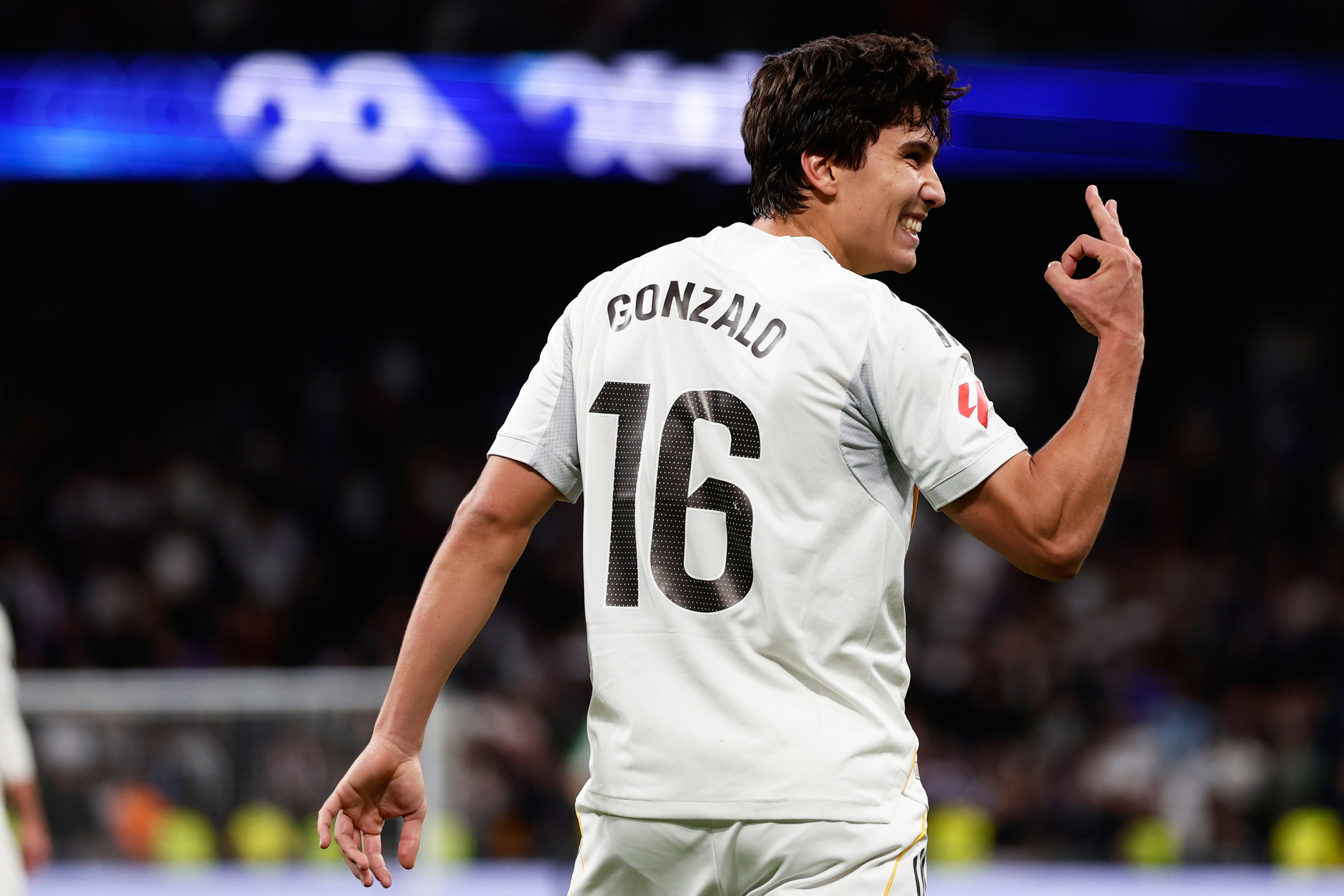 Real Madrid's Gonzalo Garcia celebrates after scoring his third and his sides fourth goal during the Spanish La Liga soccer match between Real Madrid and Real Betis Sevilla in Madrid, Spain, Sunday, Jan. 4, 2026. (AP Photo/Pablo Garcia)