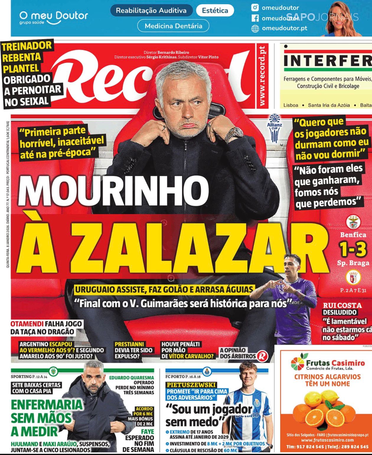La portada de Récord tras el triunfo del Braga ante el Benfica.