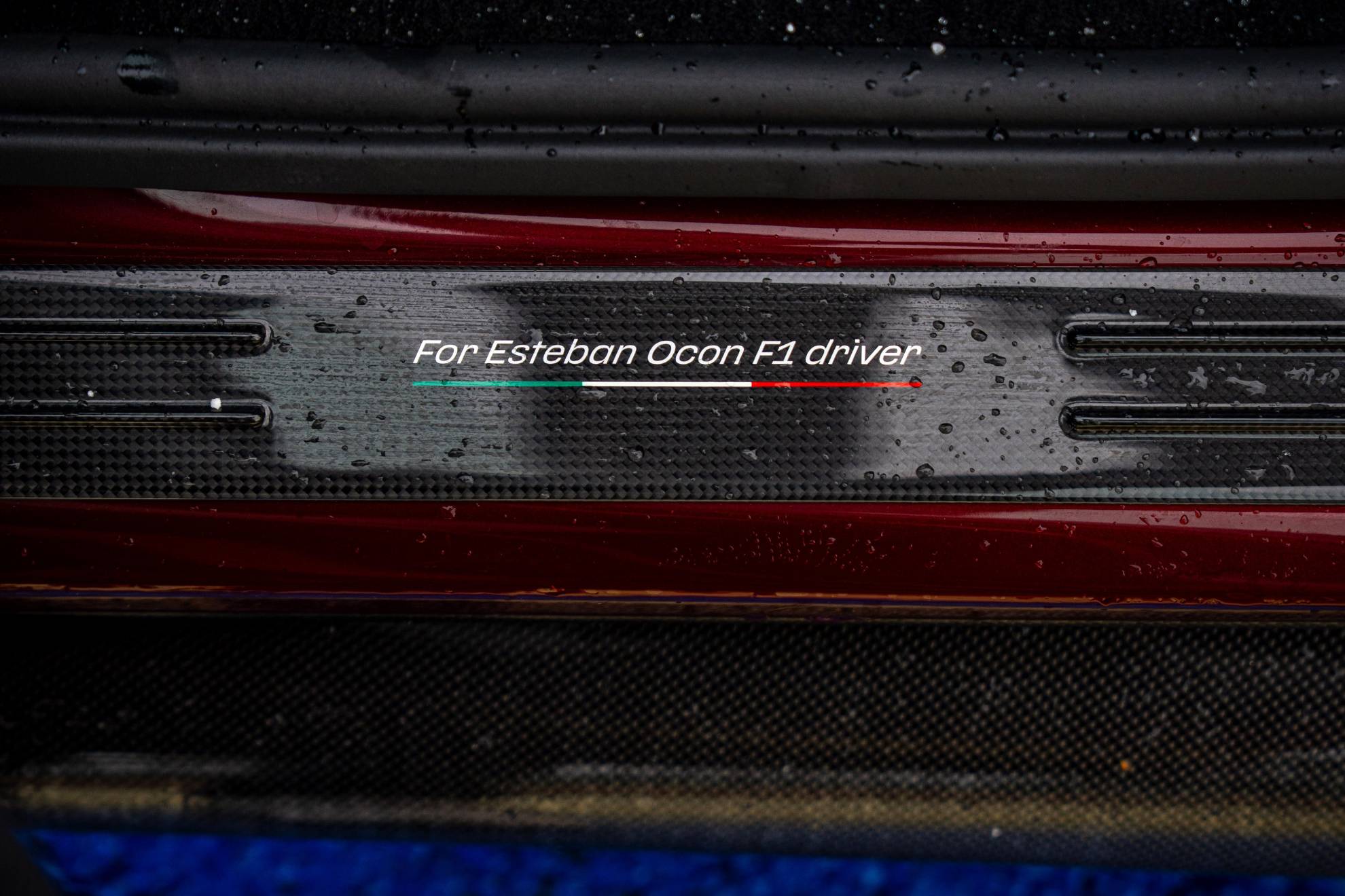 El umbral de las puertas luce una placa de fibra de carbono con el nombre del piloto.