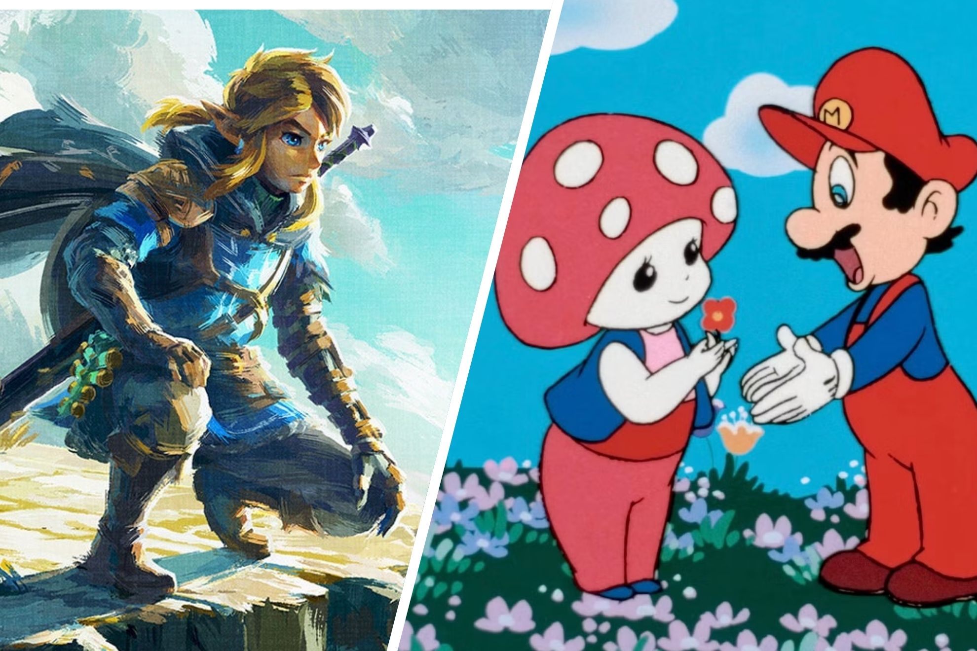 A la izquierda, The Legend of Zelda: Tears of the Kingdom. A la derecha, una imagen de una antigua serie de animación de 1986 de Super Mario.