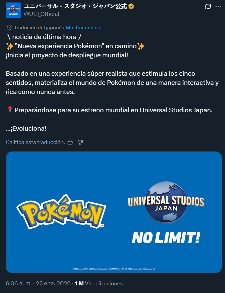 Post traducido automáticamente en el que UJS anuncia la nueva zona temática de Pokémon.