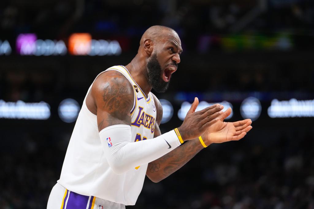 Los Angeles Lakers forward LeBron James reacts after a basket by the Dallas Mavericks during the second half of an NBA basketball game Saturday, Jan. 24, 2026, in Dallas. (AP Photo/Julio Cortez)