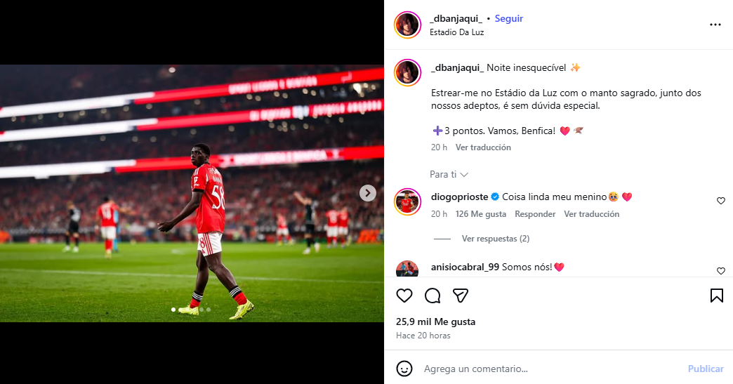 El 'post' de Banjaqui tras debutar como titular con el Benfica.