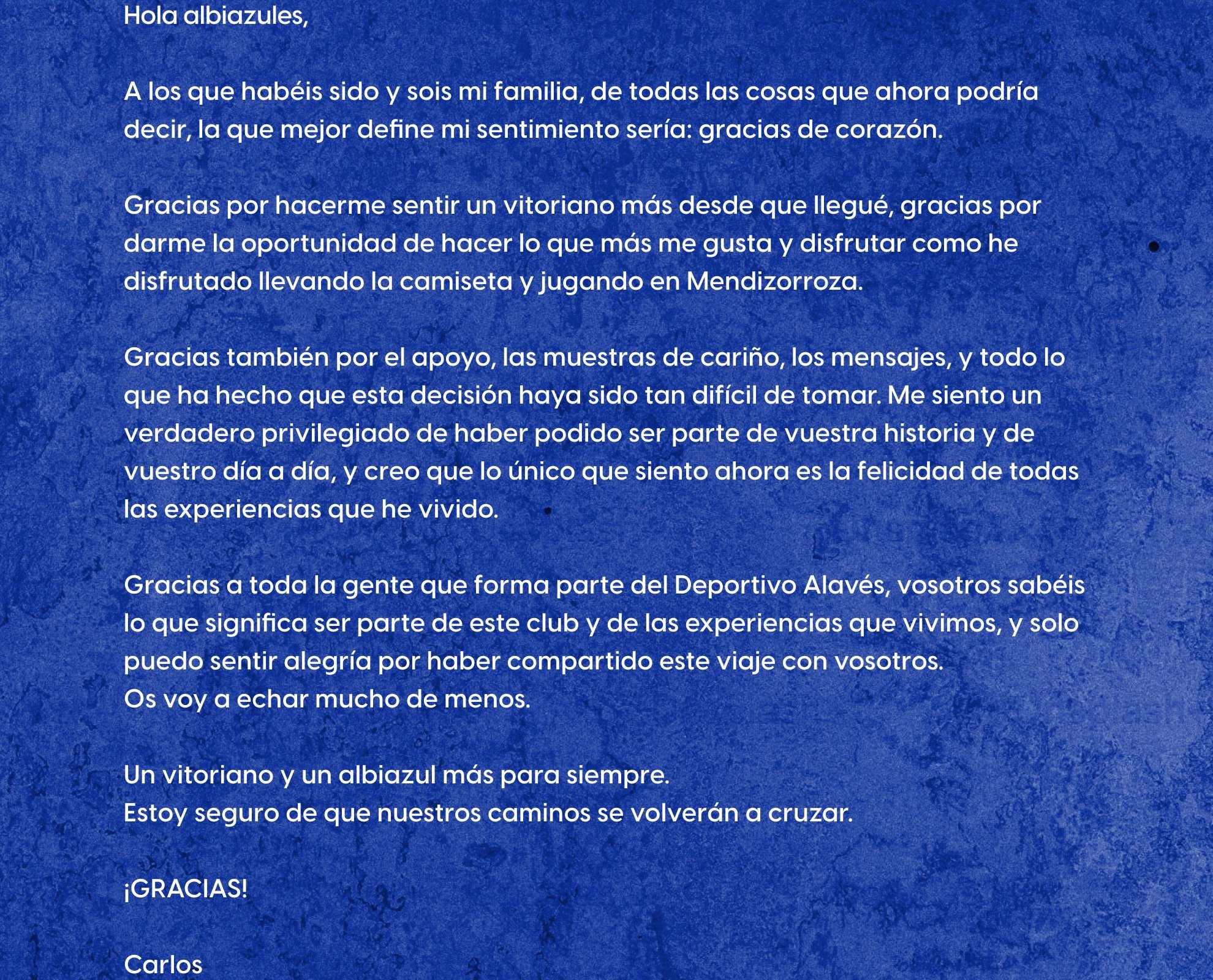 Carta de despedida de Carlos Vicente