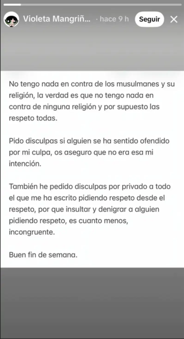 El comunicado de Violeta Magriñan pidiendo disculpas.