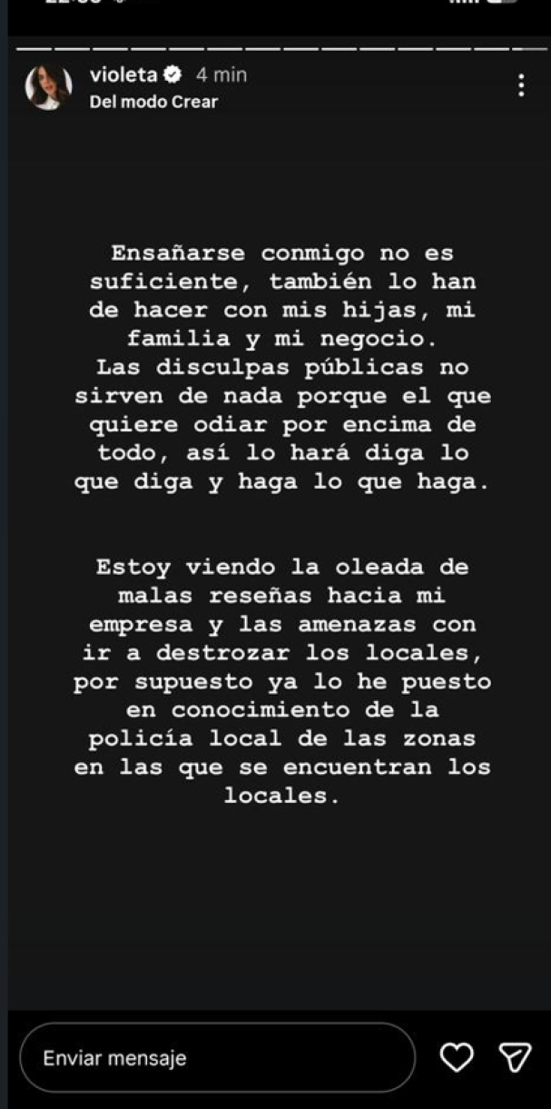 El segundo comunicado de Violeta Mangriñan via stories de Instagram.