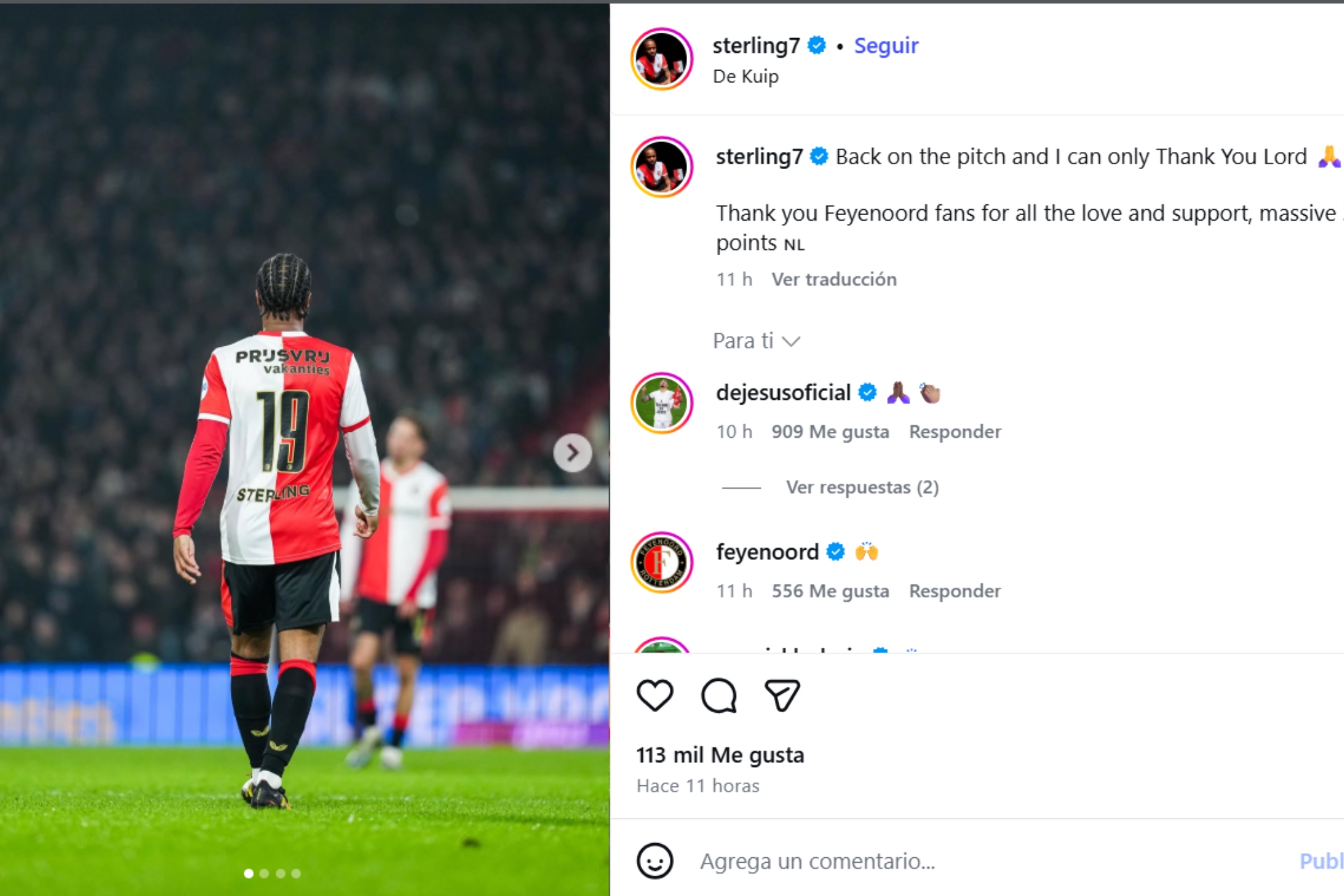 El 'post' de Sterling tras su debut con el Feyenoord.