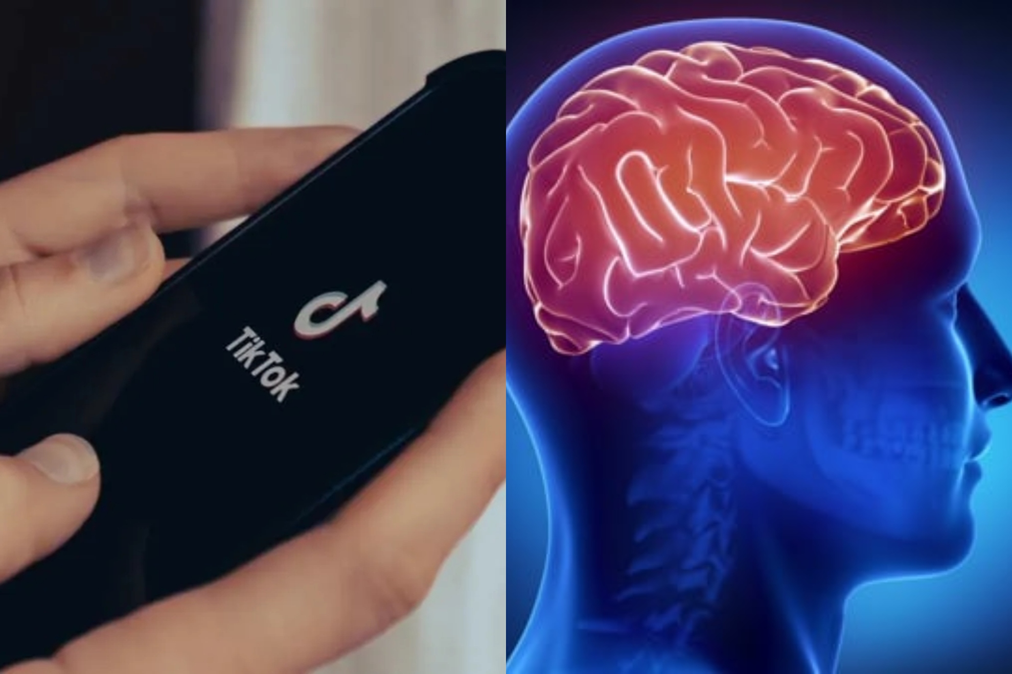 Una persona con un móvil viendo TikTok y un cerebro.