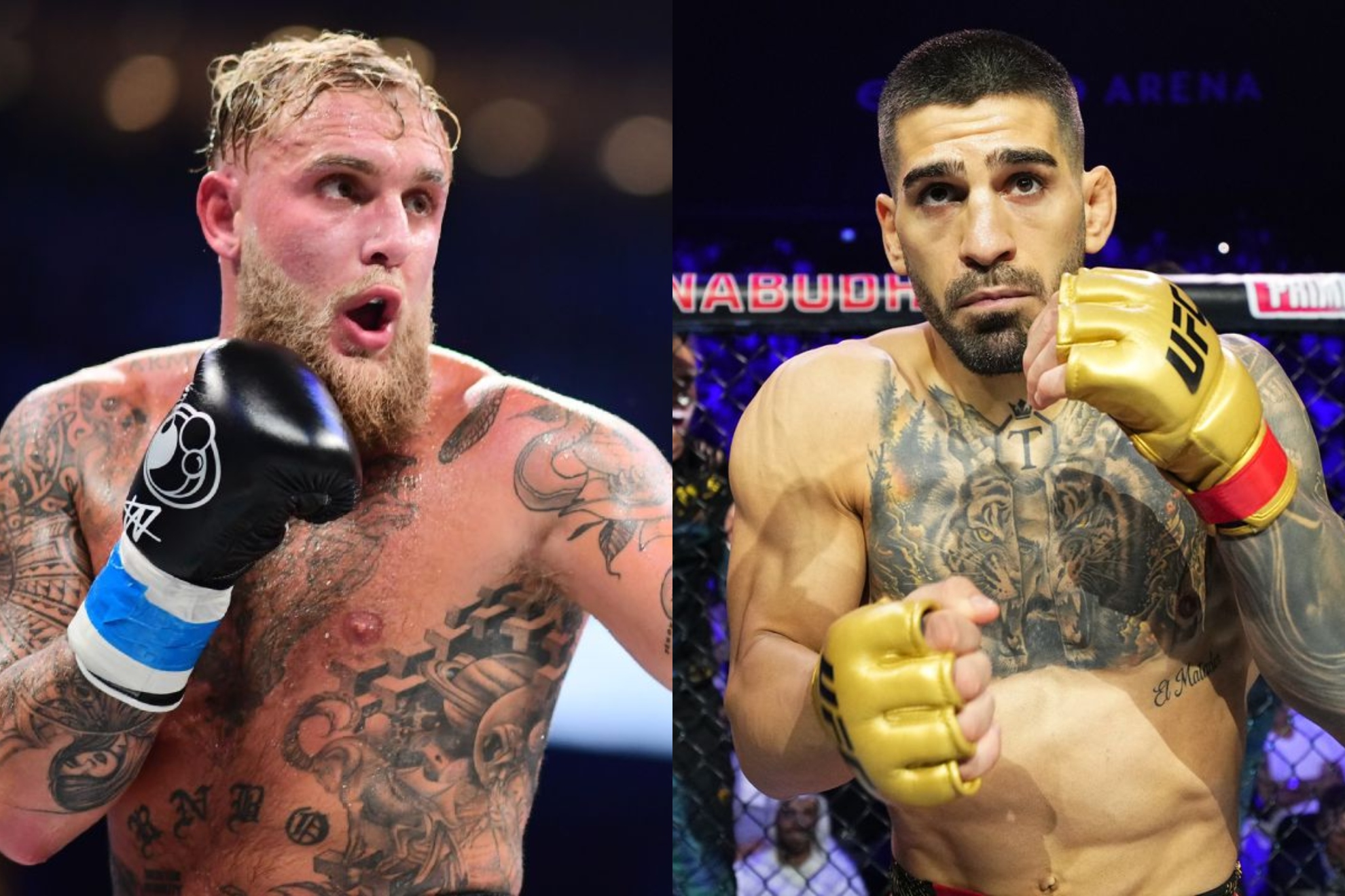 Montaje fotográfico de Ilia Topuria y Jake Paul.
