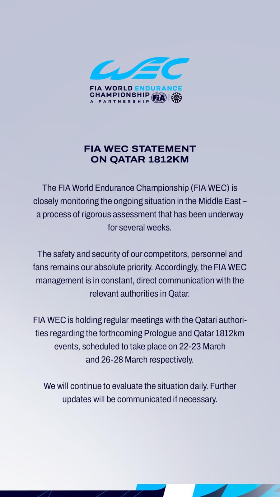 Comunicado de la FIA sobre la situación en Qatar