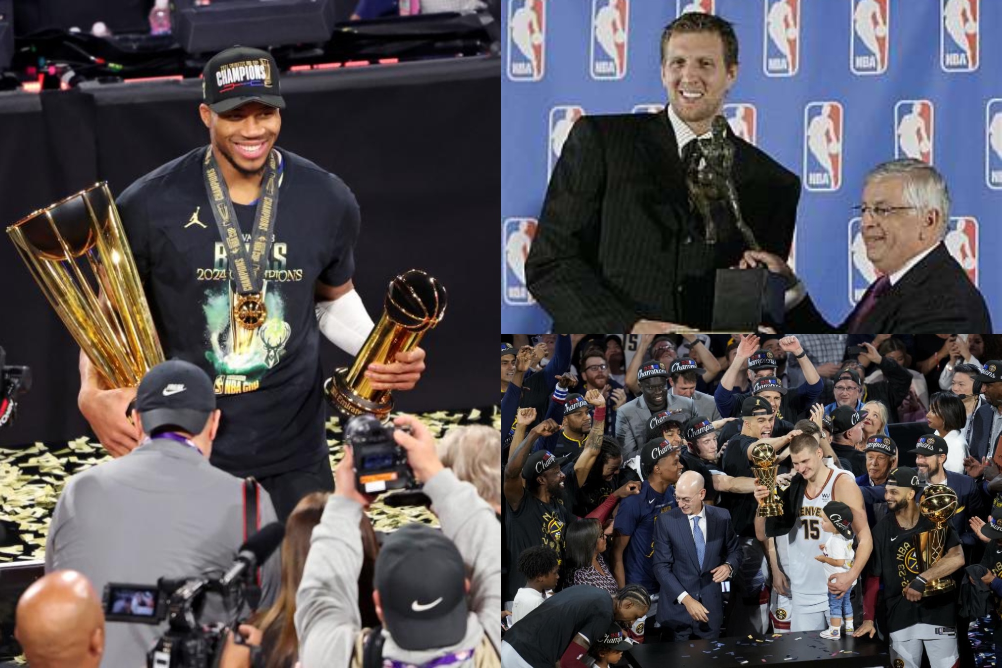 Antetokounmpo (izqda.), Nowitzki (arriba dcha.) y Jokic (abajo dcha.), únicos europeos que han ganado el MVP.