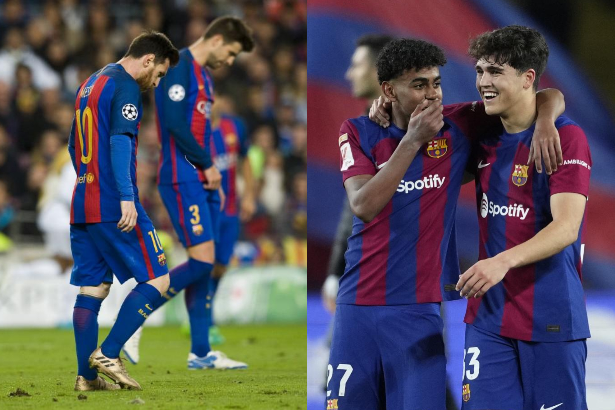 Messi y Piqué, a la izquierda, y Lamine y Cubarsí, a la derecha.