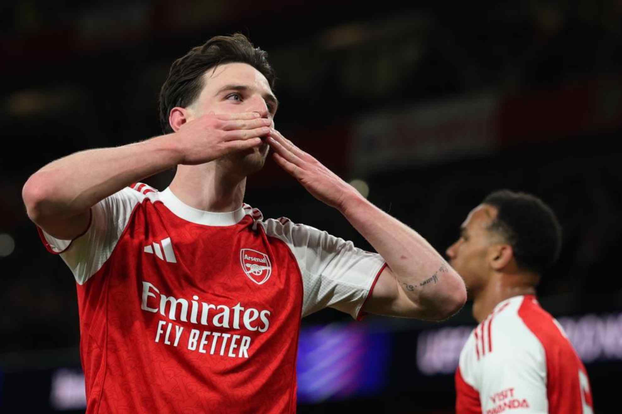 Declan Rice celebrates his goal against Bayer Leverkusen.