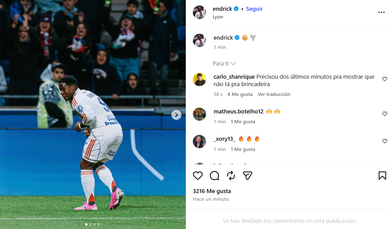 La reacción de Endrick a su partido frente al Lorient.