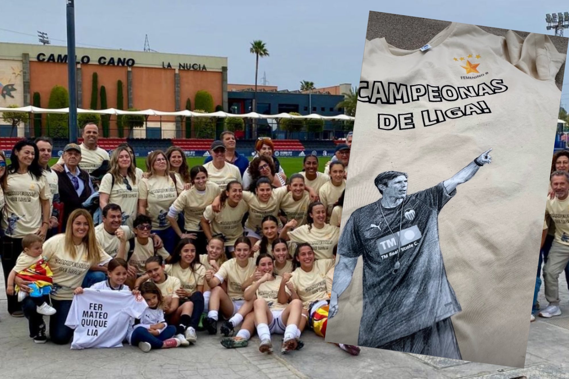 La celebración en La Nucía y detalle de la camiseta con la imagen de Fernando Martín.