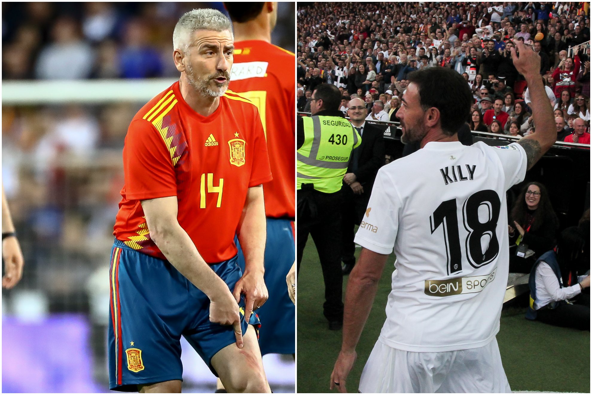 Kily saluda y Otero muestra la herida en la pierna en el partido de leyendas.