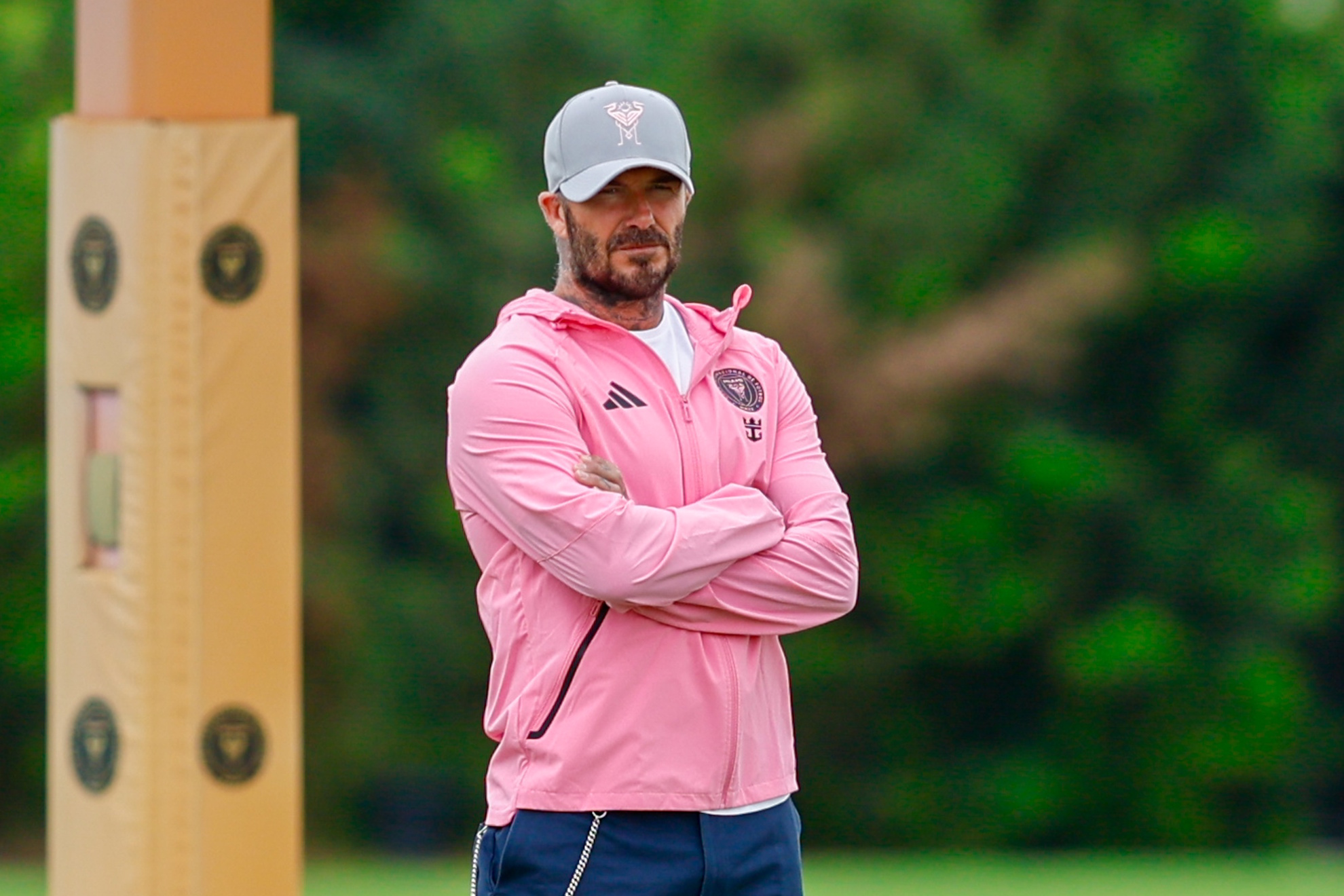 Inter Miami co-owner David Beckham attends a training session at the MLS soccer team's training facility, Wednesday, April 15, 2026, in Fort Lauderdale, Fla. (AP Photo/Chris Arjoon) CHRIS ARJOON
