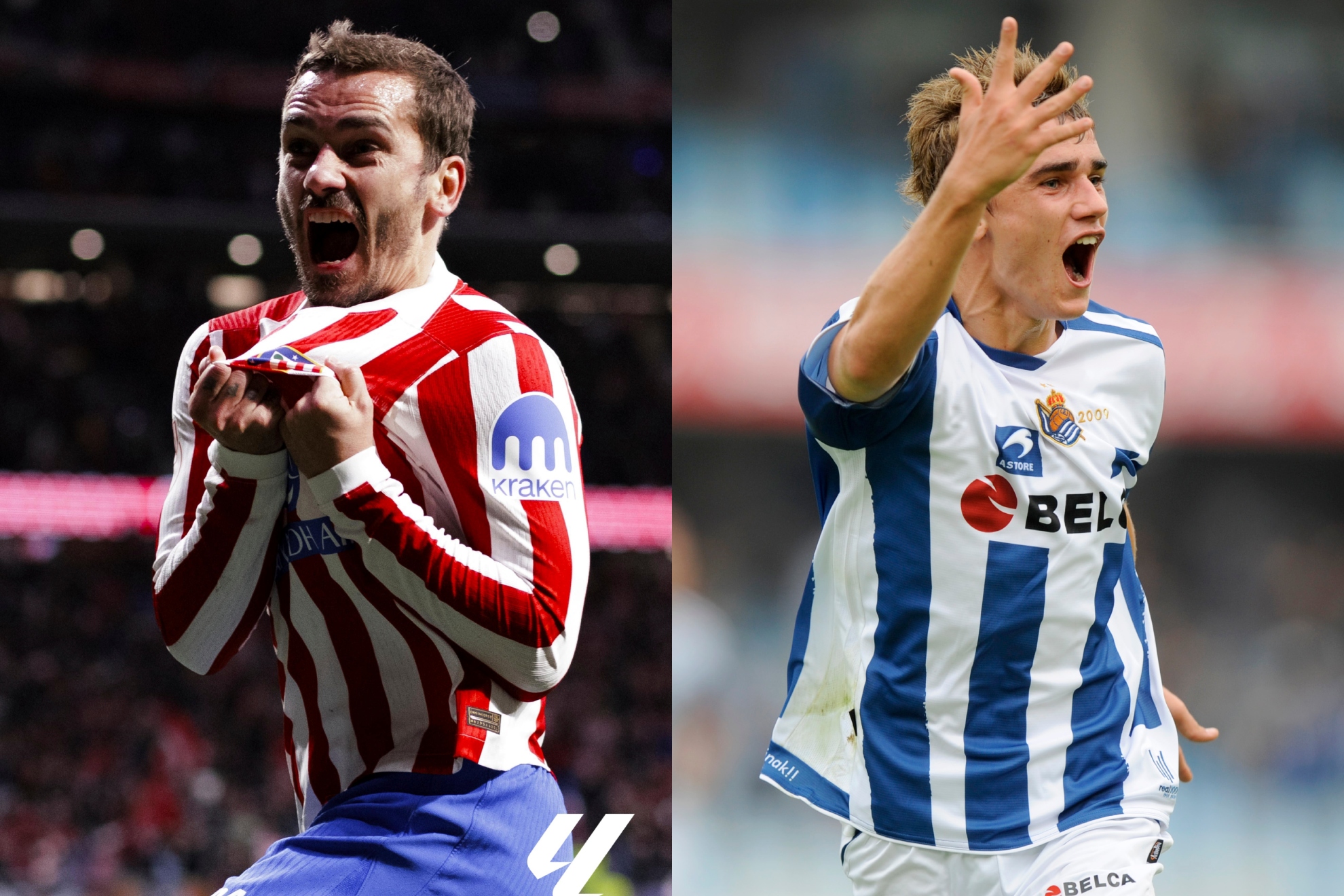 Griezmann, en su etapa en el Atlético y en la Real.