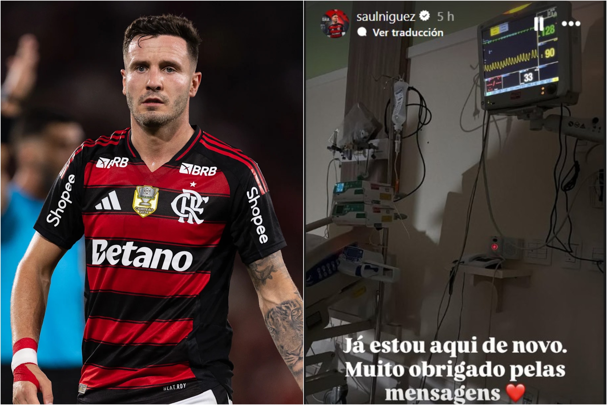 Saúl Ñíguez durante el partido y después, en el hospital con su hijo.