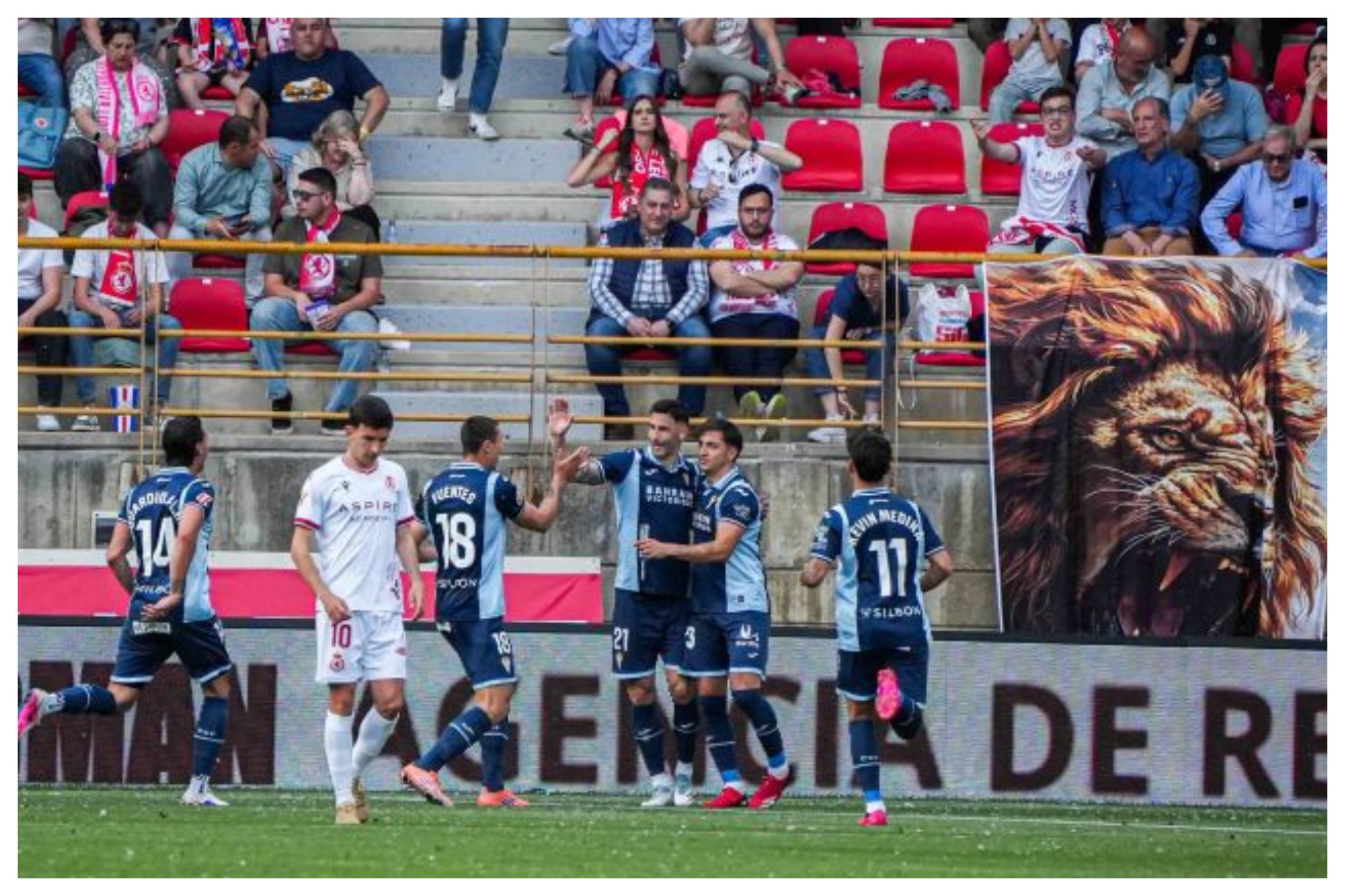 Los jugadores del Córdoba celebran uno de sus dos goles en el Reino de León