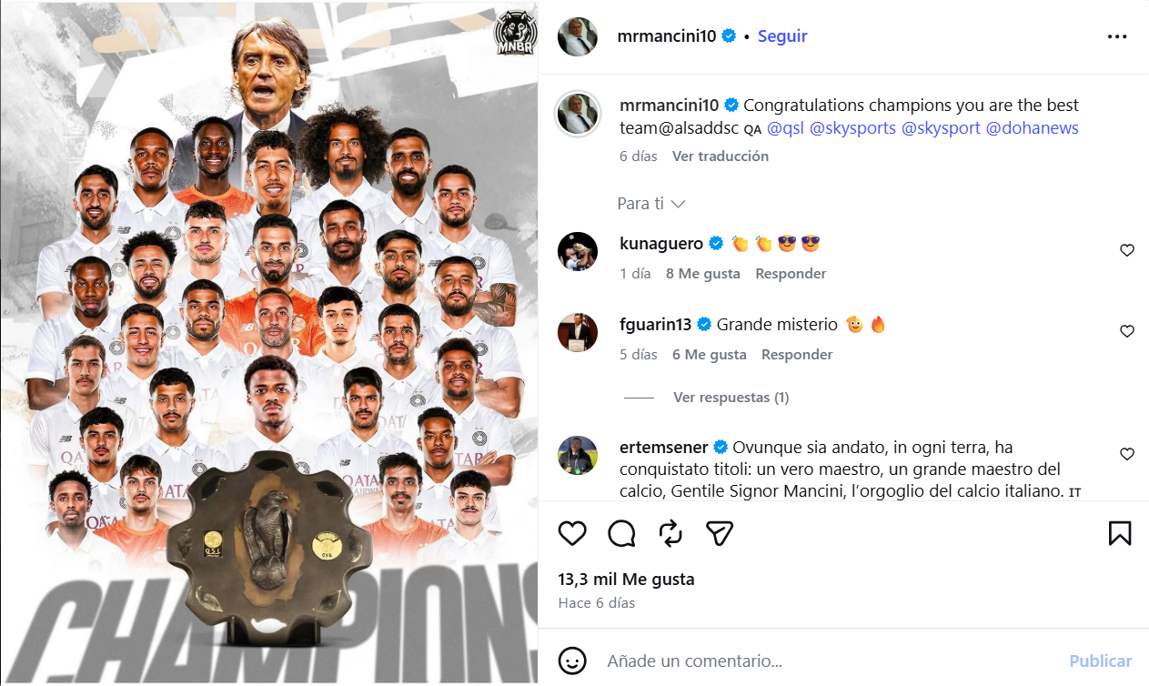 La felicitación de Mancini a su equipo tras ganar la Liga.