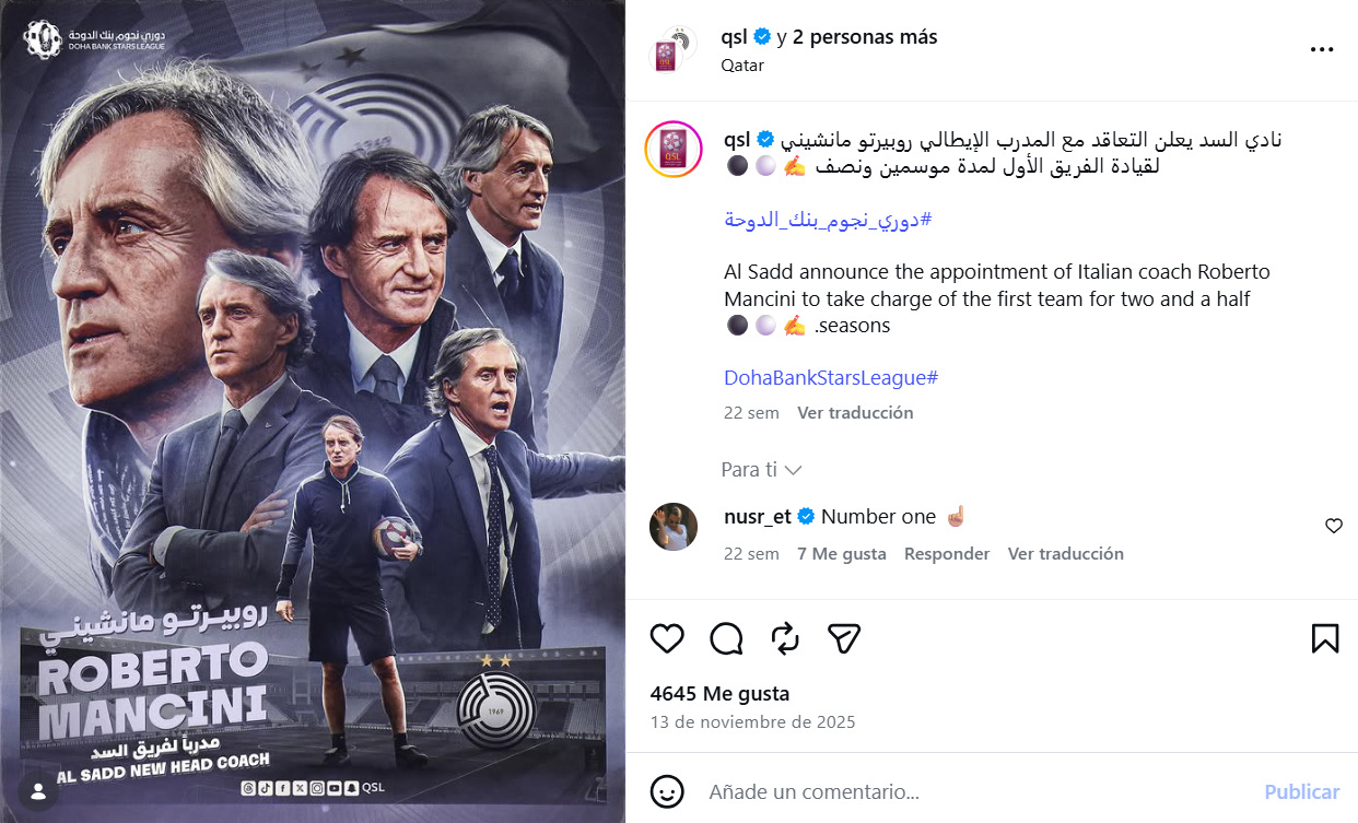 El anuncio del fichaje de Mancini por Al Sadd.