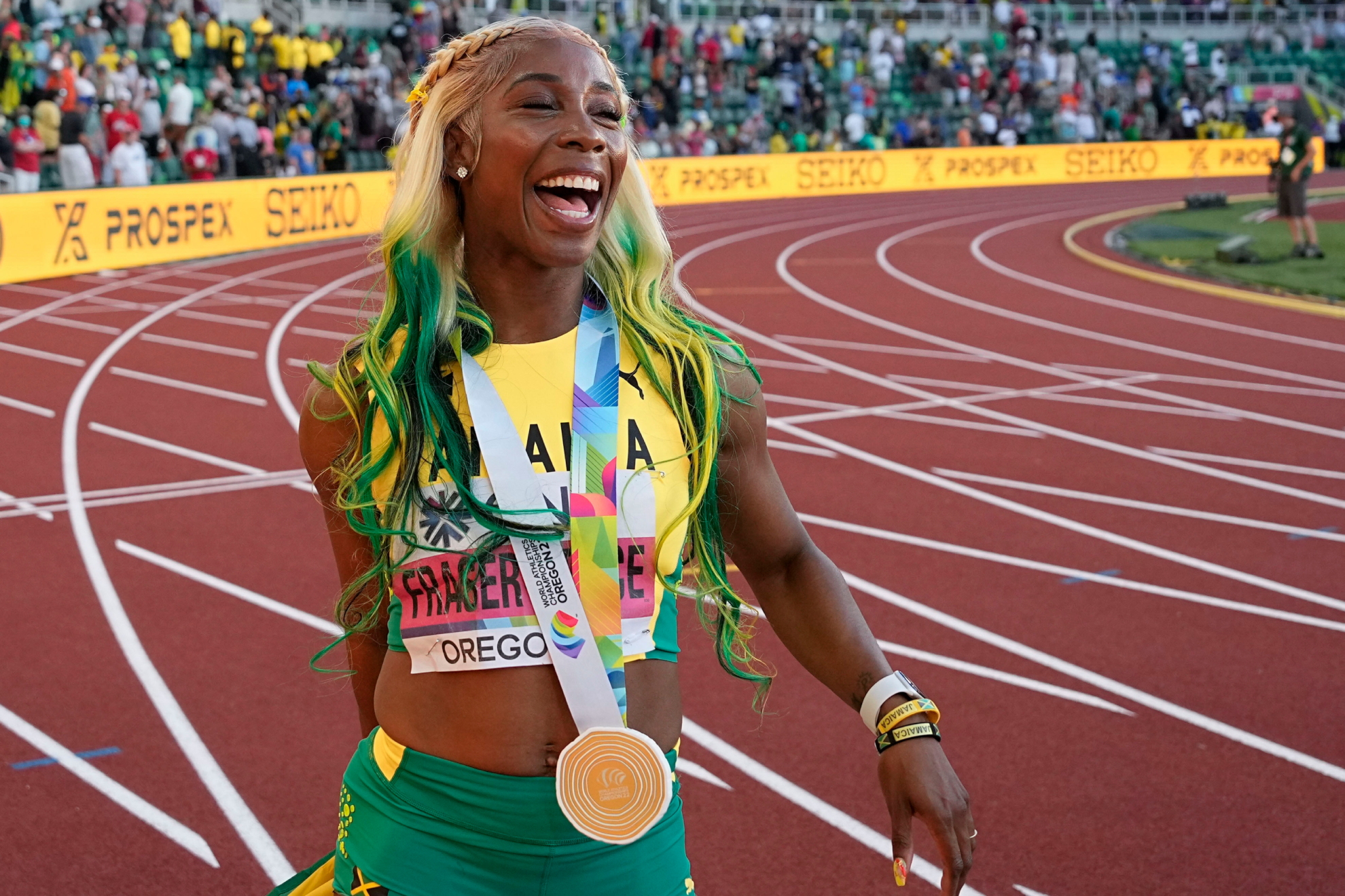 Shelly-Ann Fraser-Pryce after winning World gold in the 100 meters in Eugene 2022.