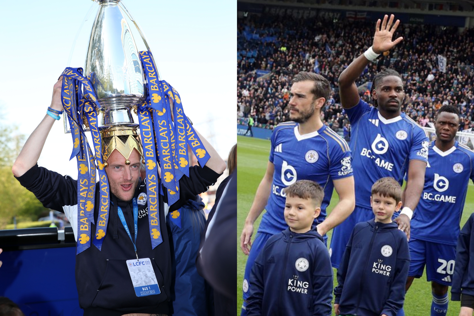 A la izquierda, Jamie Vardy con la Premier. A la derecha, una imagen del actual Leicester.