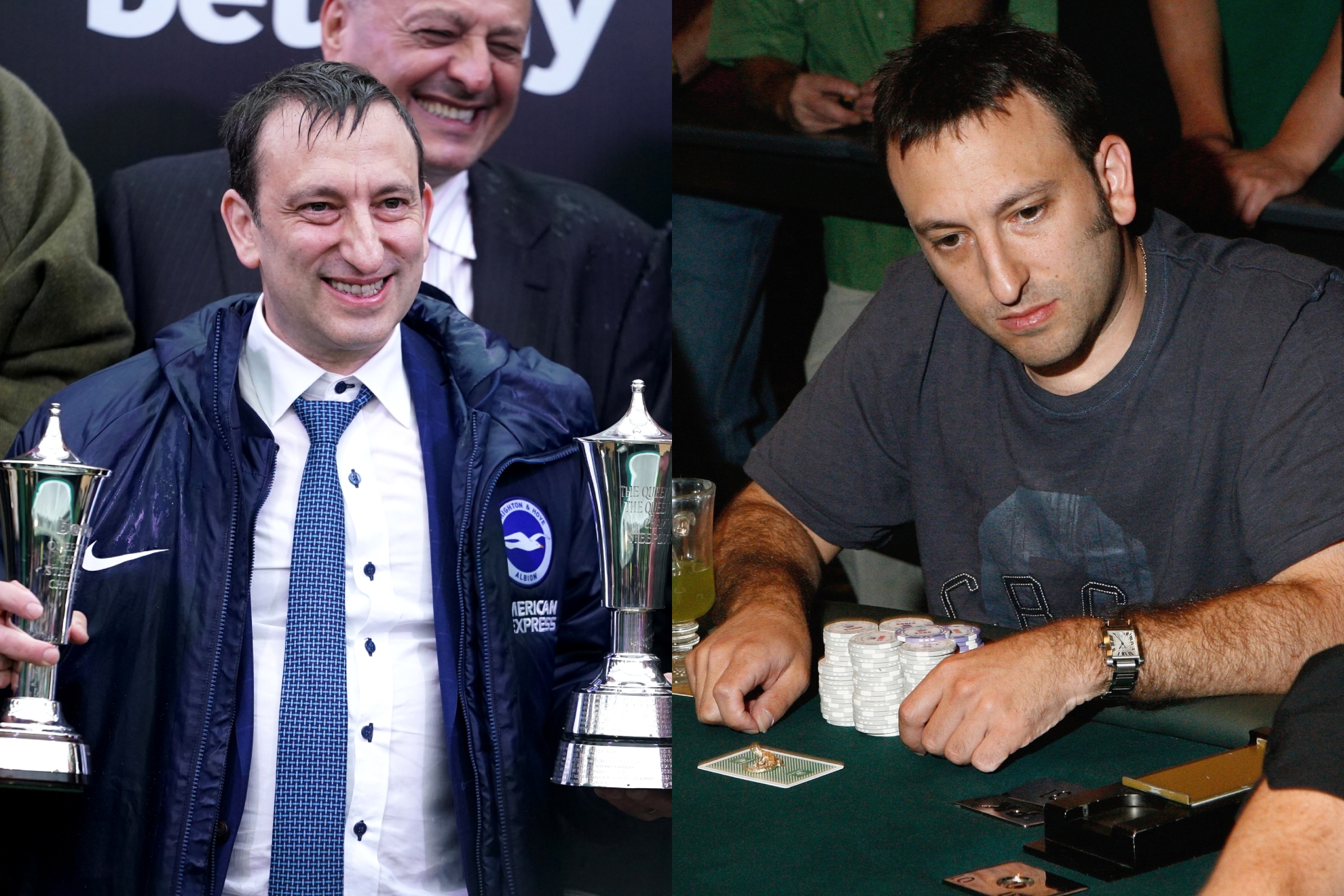 A la izquierda, Tony Bloom, con dos trofeos en Cheltenham. A la derecha, en una partida de póker.